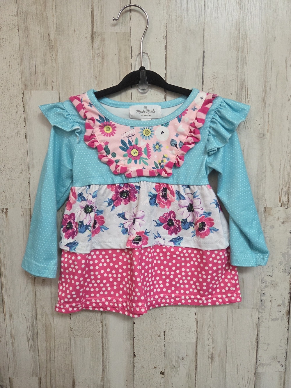 💝 Girls' Pink & Aqua Floral Ruffle Long Sleeve Top 12M